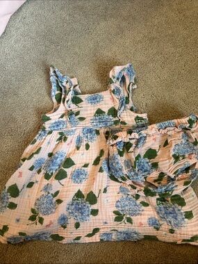 Angel Dear Pink Floral Muslin Dress & Bloomers - Blue & Green Hydrangea Print
